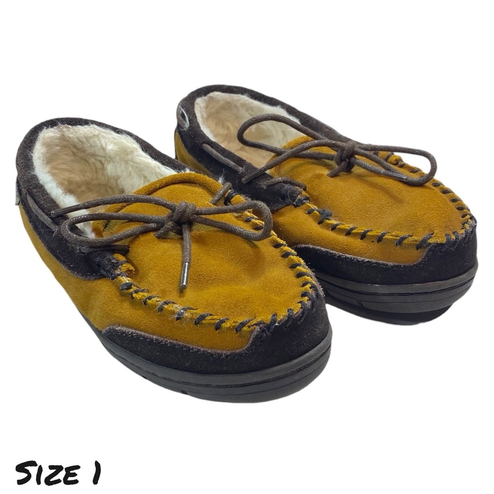 Staheekum Suede Moccasin Slippers Brown Tan Faux Fur Lined Indoor Outdoor Size 1